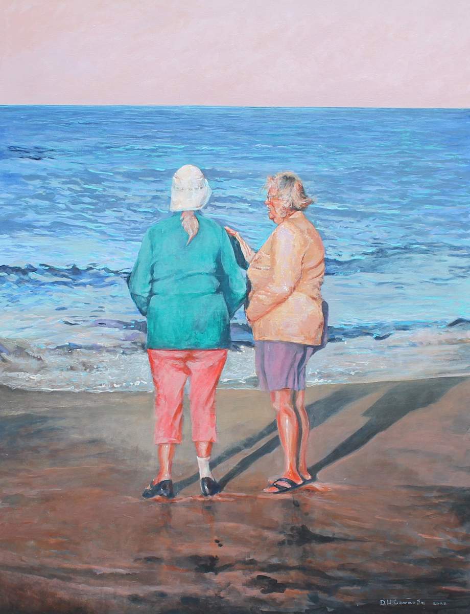 A Narrative by Douglas H Caves Sr  Image: A daughter and mother stand talking before the evening surf at Wells Beach, Wells, Maine.