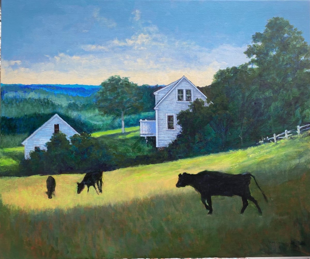 Black Cows in the Afternoon by Douglas H Caves Sr  Image: Three black cows graze in filed in front of a farmhouse and barns.