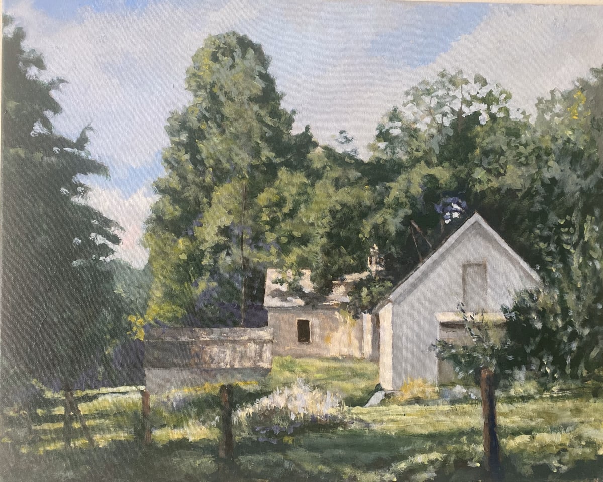 Edge of the Meadow by Douglas H Caves Sr  Image: A rural farm house and sheds capture the afternoon light.