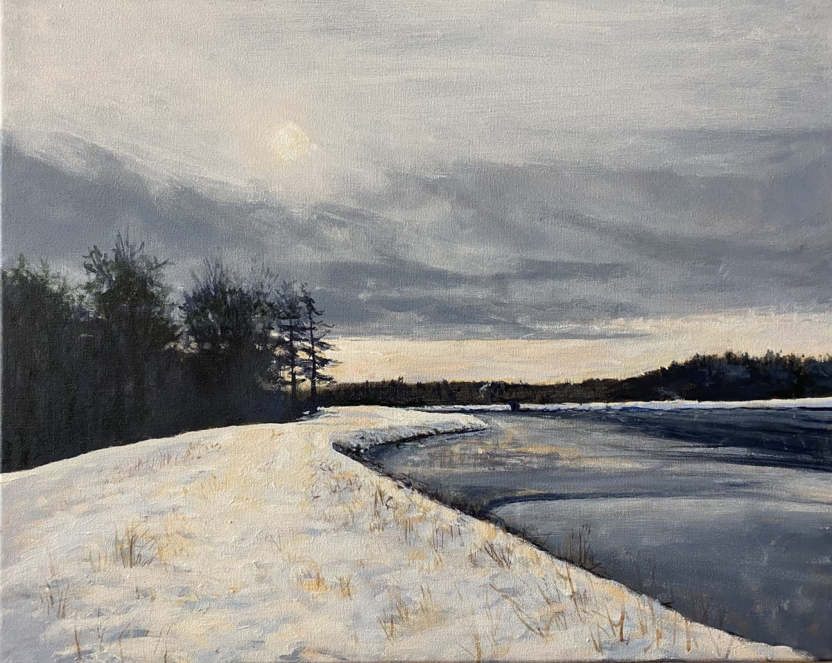 Ellie's Walk by Douglas H Caves Sr  Image: A pale winter sun shines through a dense cloud cover over Lovel Reservoir, near the artist's studio.