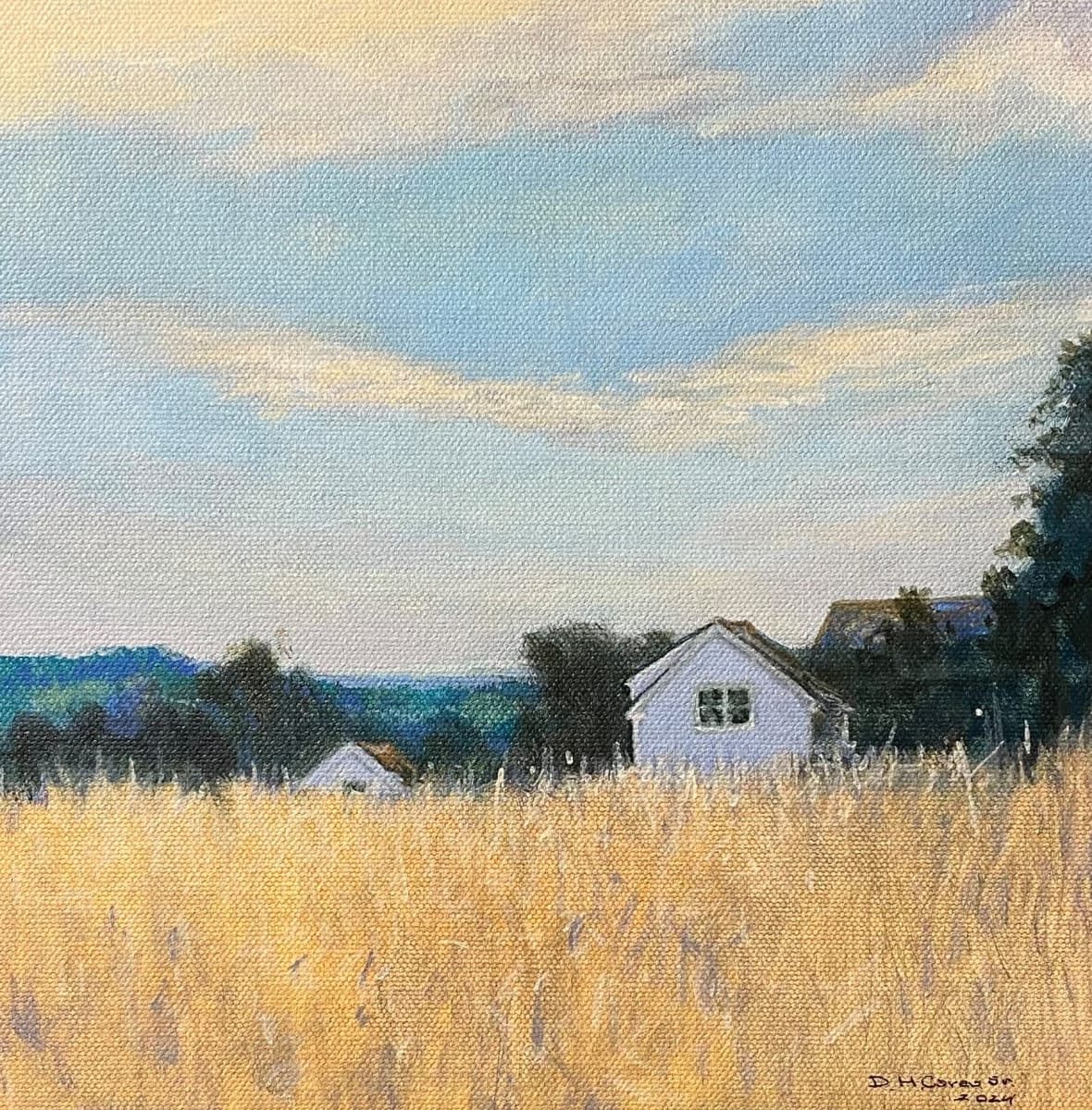 Farmhouses in a Field by Douglas H Caves Sr  Image: A painting of New England farmhouses in a field of tall hay at midday.