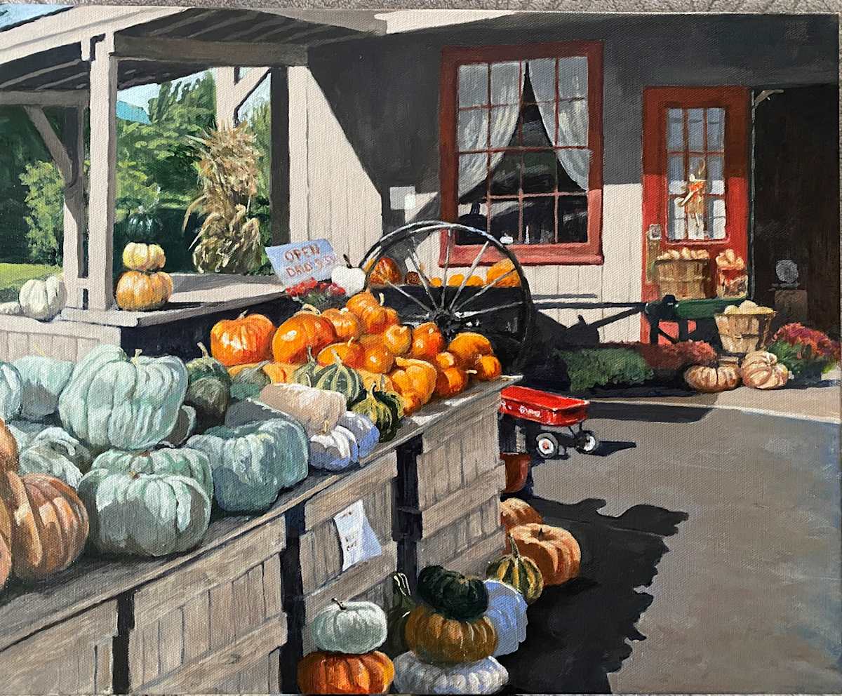 Autumn's Bounty in Rustic Palette by Douglas H Caves Sr  Image: "Autumn's Bounty in Rustic Palette" is a captivating acrylic painting that transports viewers to a quaint rural setting brimming with the essence of fall.