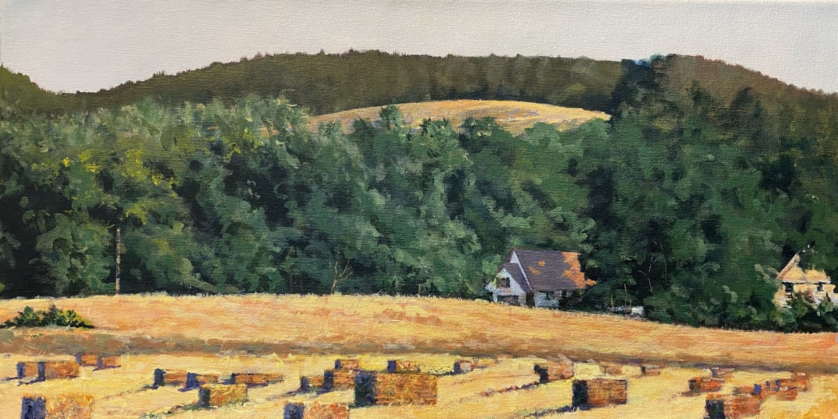 Hay Bales in Early Afternoon by Douglas H Caves Sr  Image: A painting of hay bales that lay strewn upon the field at Surrenden Farm.