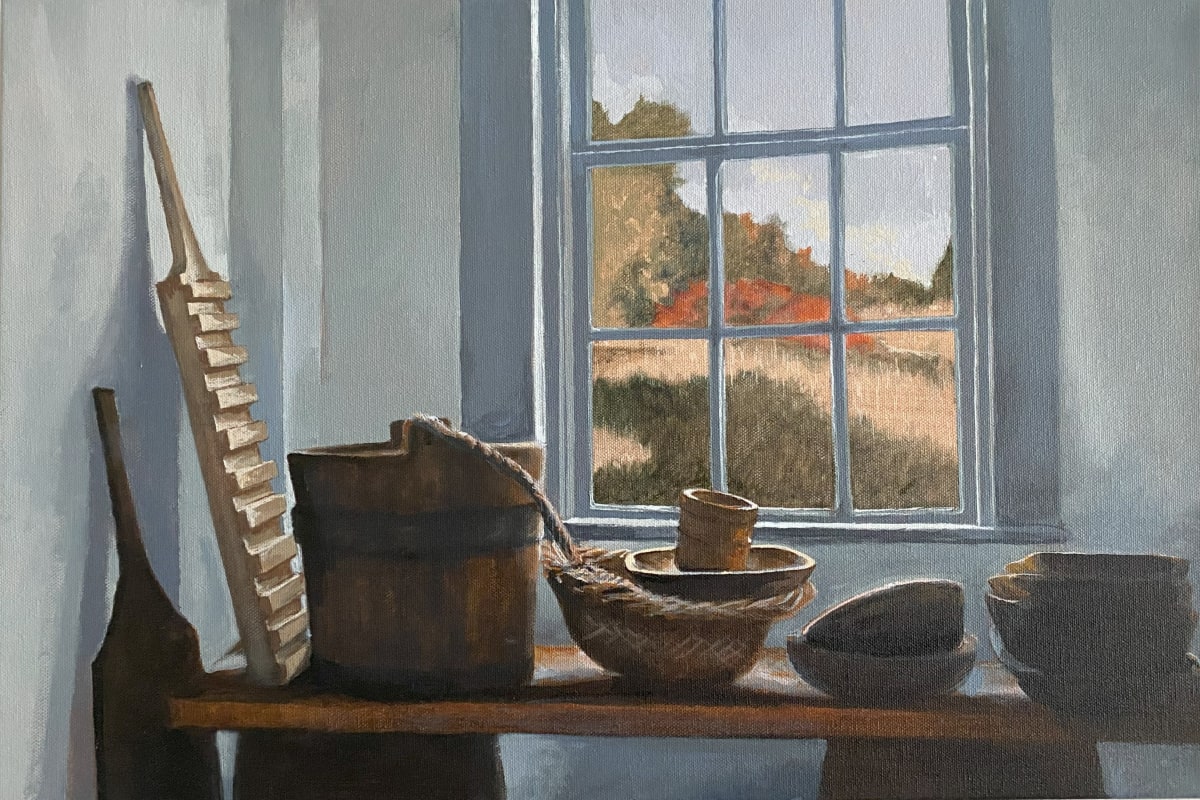 Saturday Morning by Douglas H Caves Sr  Image: Painting of a view out the window of a rustic pantry.