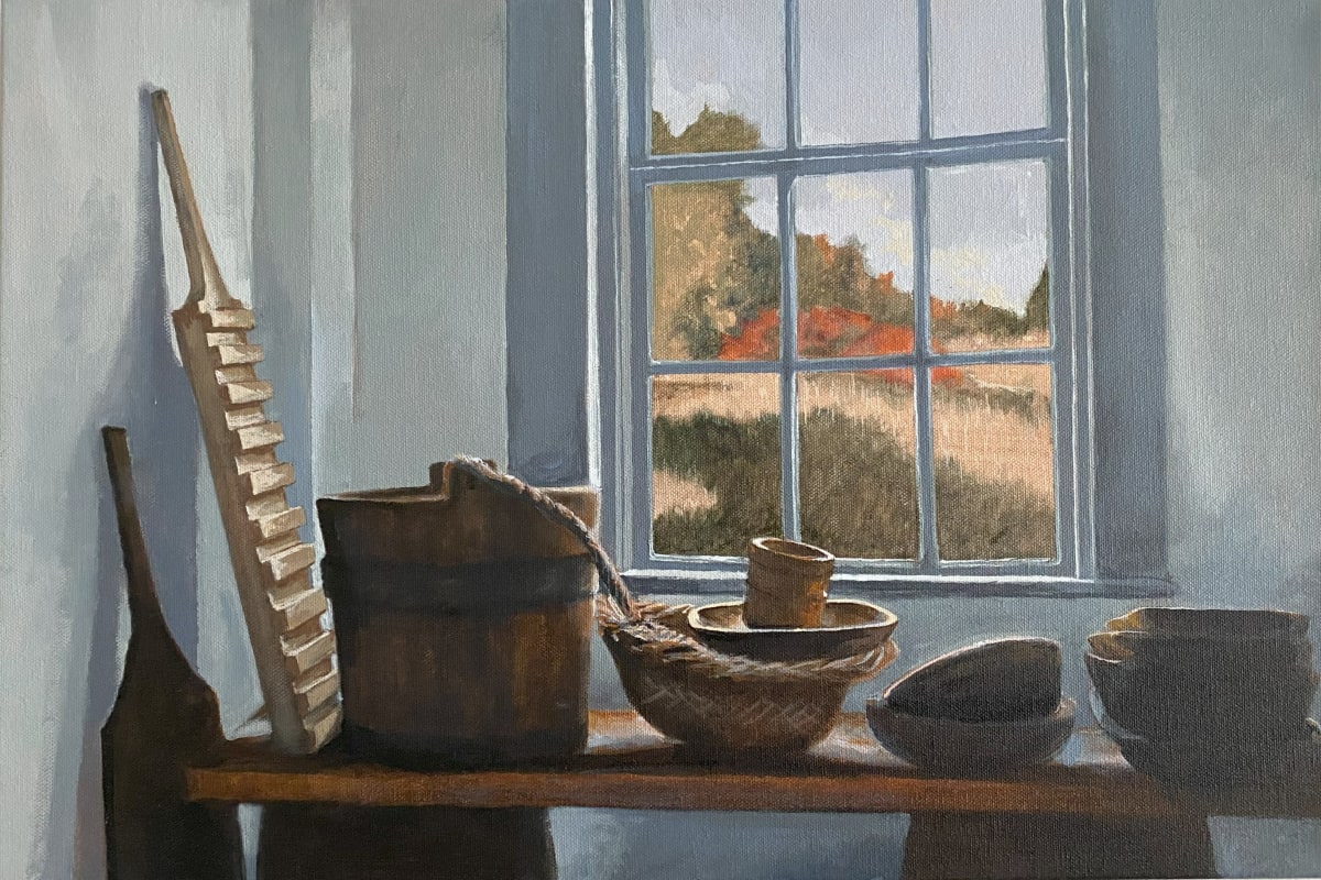 Saturday Morning by Douglas H Caves Sr  Image: Painting of a view out of a window in a rustic pantry.