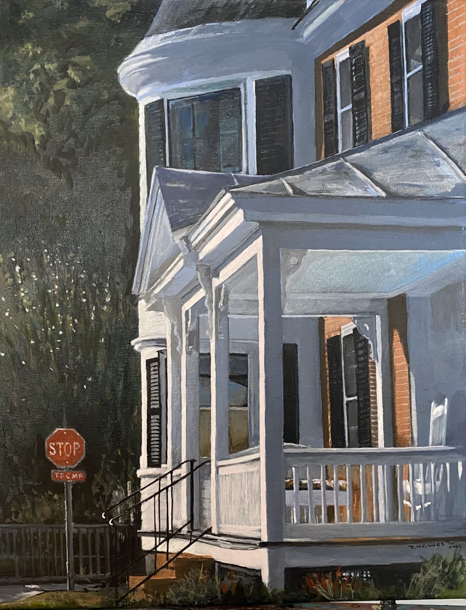 The Signs Are Everywhere by Douglas H Caves Sr  Image: A brick house with a wooden porch painted white sits at the end of the street where a road sign warns people to Stop!