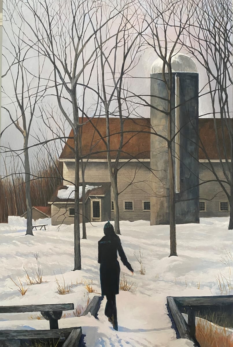 Winter Meditation - no. 2 by Douglas H Caves Sr  Image: Bare trees in a filed before a large New England Barn suggest a cathedral like atmosphere as figure walks away from the viwer into the space.