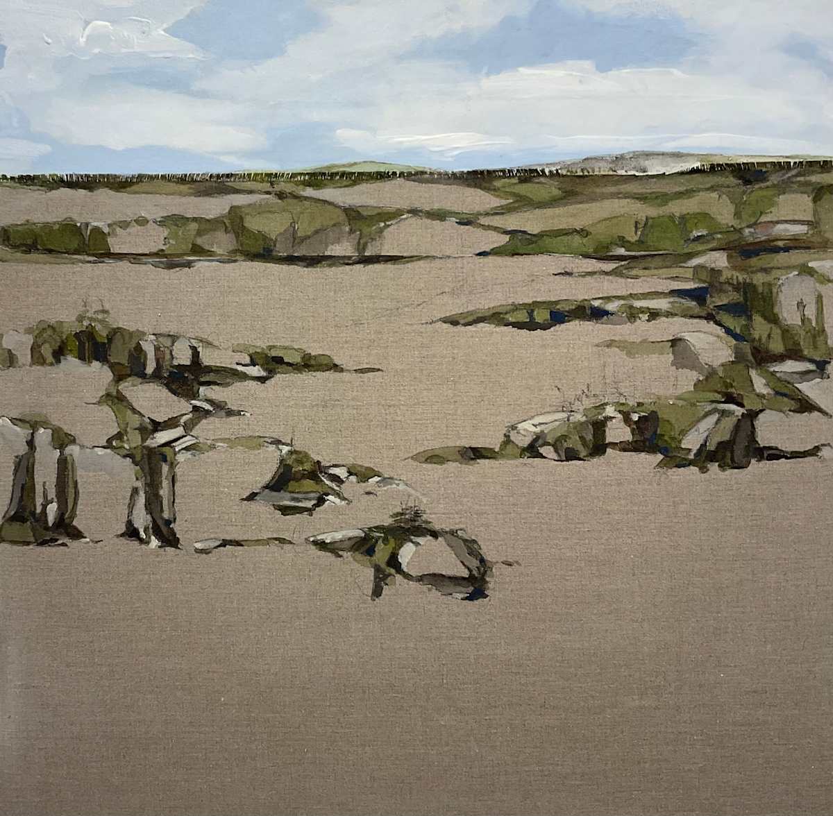 Fen. No.9. by BarbaraHouston ArtStudio  Image: Mere. Seamed cotton canvas(sky) to Belgian Linen (ground), selvege as tree line