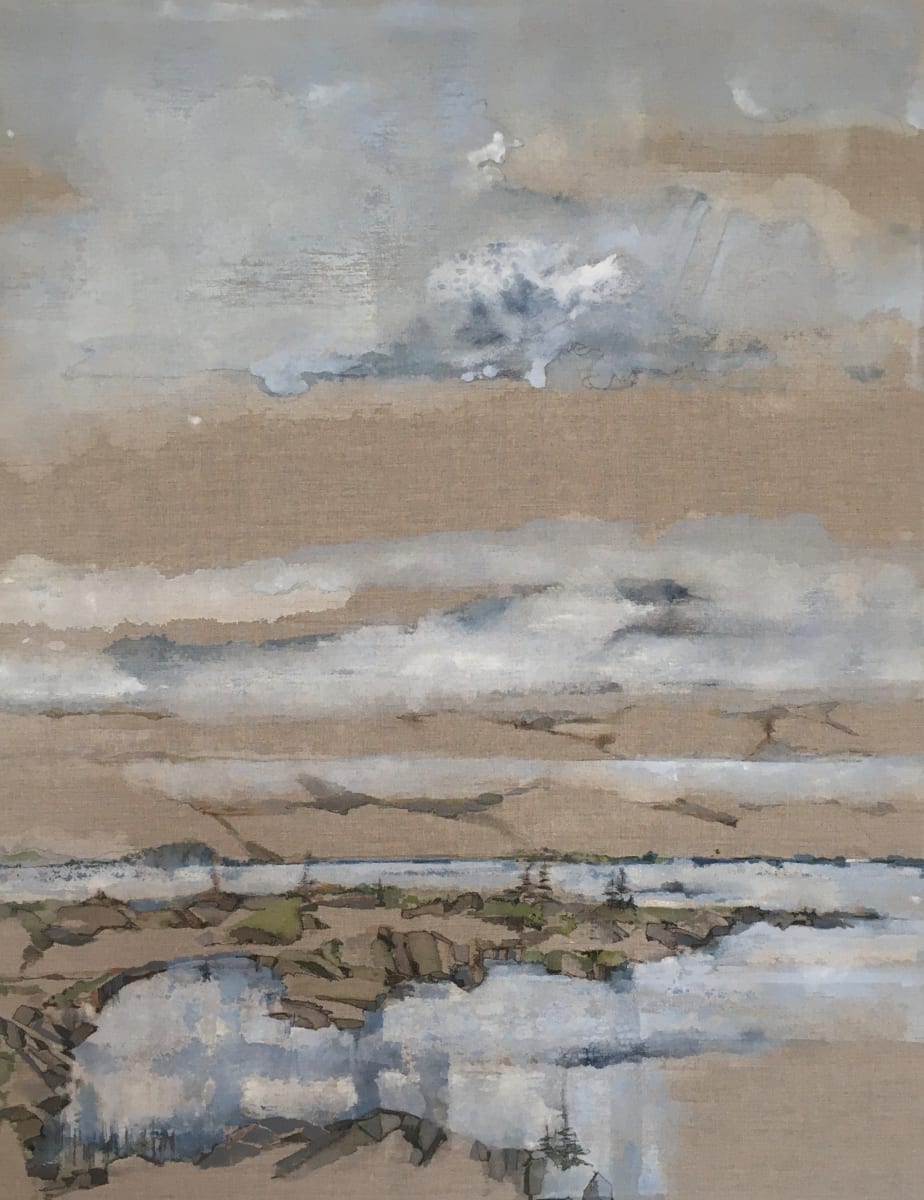 Inland Pond VERSO by BarbaraHouston ArtStudio  Image: Paint and pigment are given agency, an atmospheric outcome capturing a familiar landscape in Newfoundland; painted first in reverse, on the reverse side.