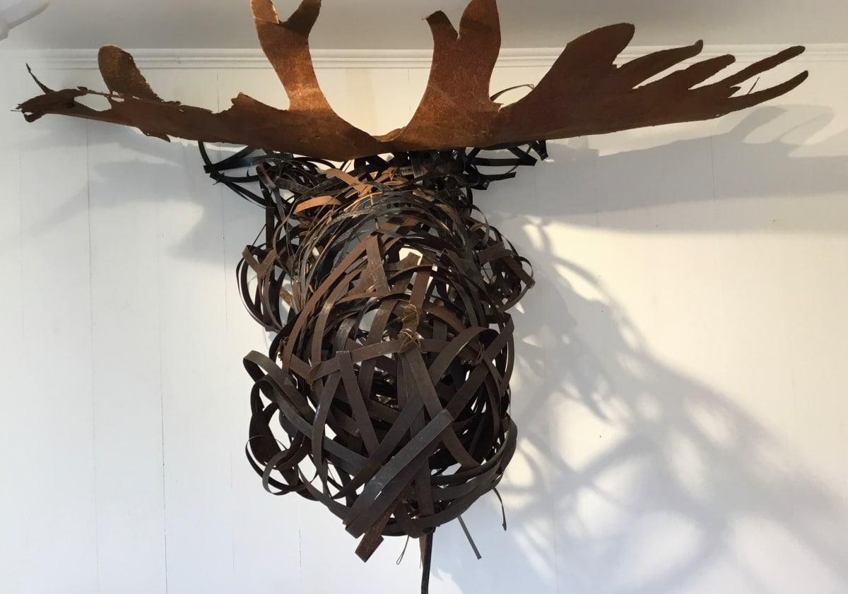 moose musings by BarbaraHouston ArtStudio  Image: Upcycled steel heat shield + metal strapping, woven, not welded