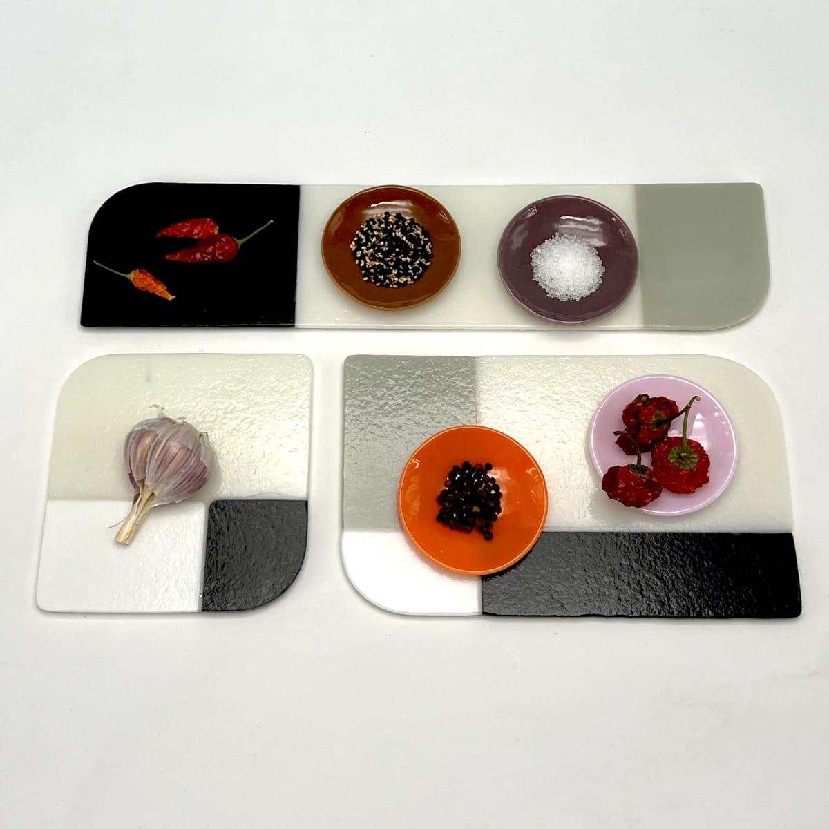 Black and White Sushi Set with 4 Cellars by Susan Madacsi  Image: This set includes all three pieces shown, 1 each of the following:
4"x16"
6"x6"
6"x10"
These sit about 1/2 inches high
Hand wash only