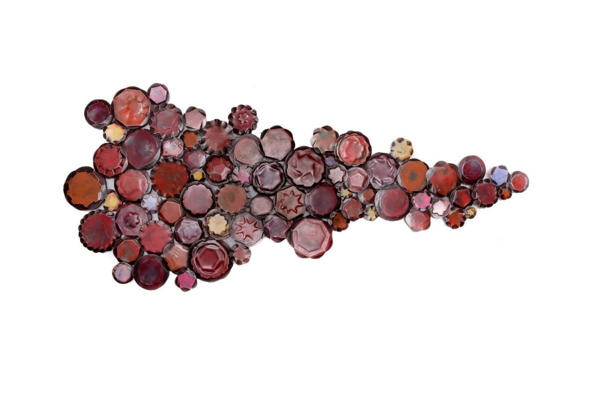 Red Pyrocumulus by Susan Madacsi  Image: This wall sculpture is a floating cloud of color created from many expertly hand-forged steel disks detailing a wonderful variety of textures, patterns, and colors. Artist Susan Madacsi merges her long time interest in street art in her inspirational use of aerosol enamel paints in her work. Each piece is unique; exact colors and arrangement of elements will vary.
Artwork is made to order. 