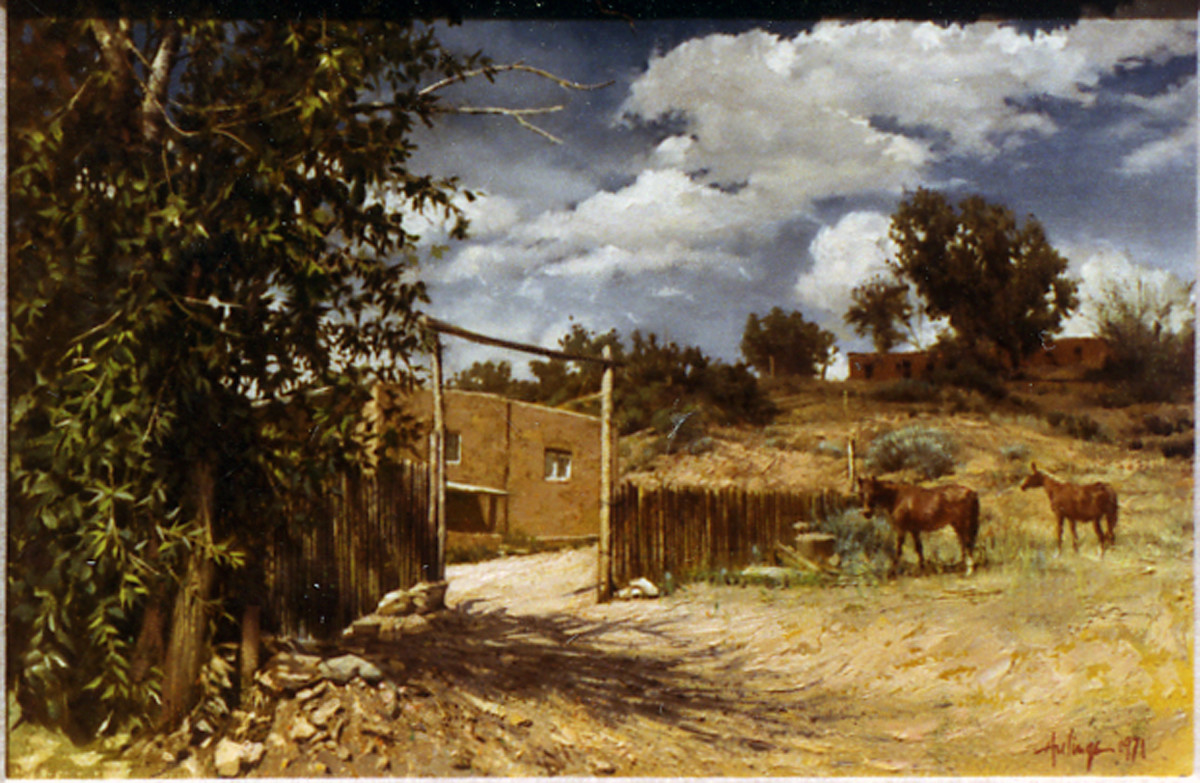 Santa Fe House Through Gate - 2 Horses by Clark Hulings Estate 