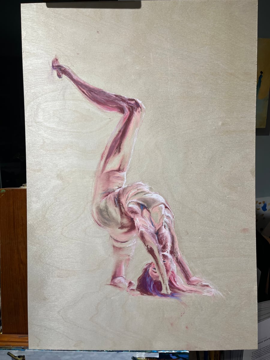Connected by Stacey Rosen  Image: Dancers have an innate ability to tap into a parallel world of grace, strength and emotion, a symbiosis and fusion of our human body and the energy within and around us. I wanted to express this connection and experience I feel when watching their art in oil pastel interacting with the natural wood grain on wood panel.
