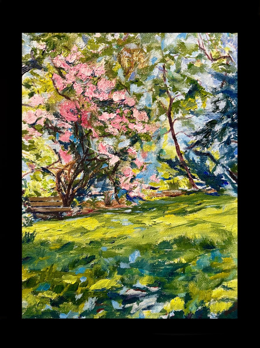 Ascendancy  Image: Impressionistic capture en plein air of my garden after the rain in oil paints inspired by studying the works of Paul Cezanne., in particular his use of structure with geometric lines, quick brush strokes to capture”the vibrancy that beats down upon me” personally I Wanted to capture the vibrancy, glow of Color and life in nature after it rains and how the Color’s of the sky and rain are reflected in the ground and grass on days like this everything feels a little more connected, a little less permanent and more peaceful and joyful