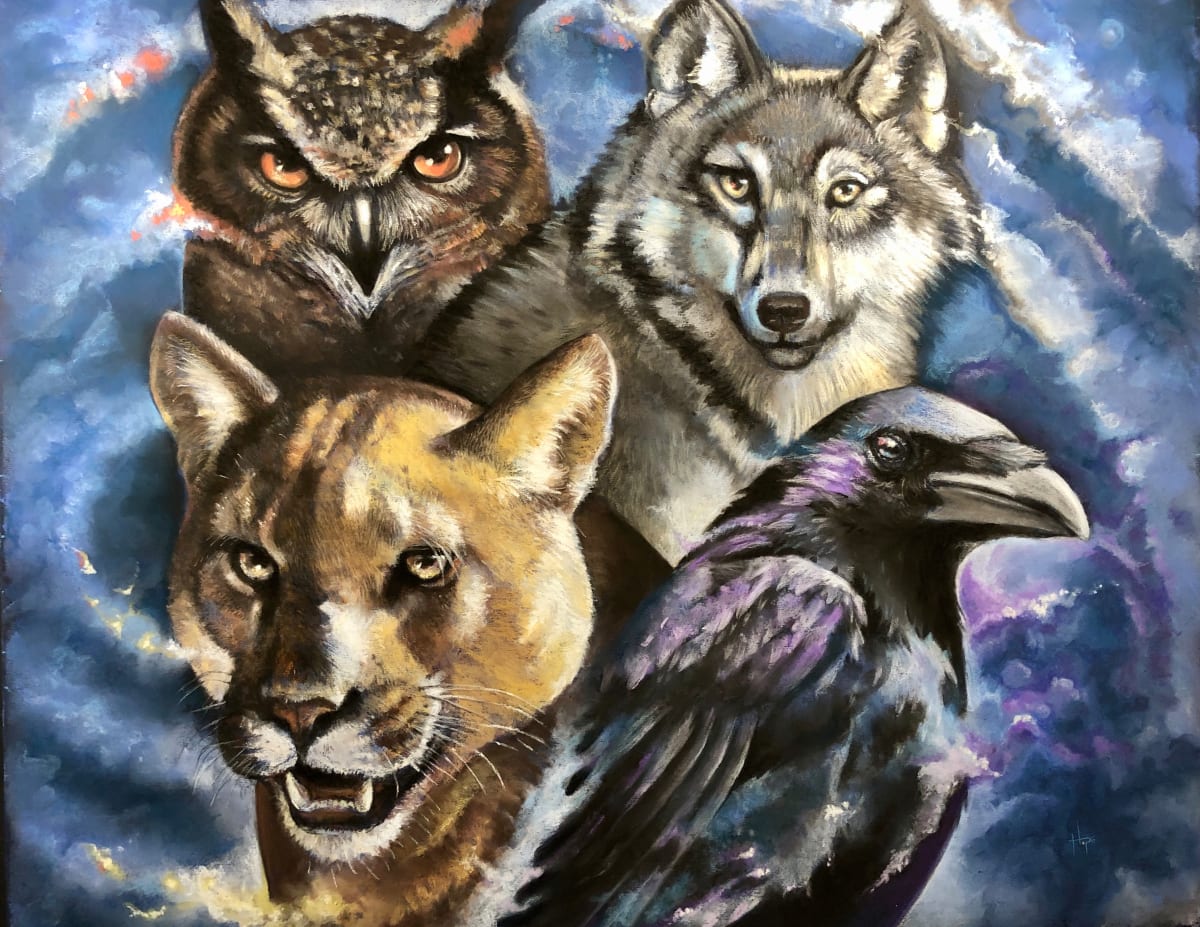 Her Guides by Hope Martin  Image: The final art showing a cougar, a barred owl, a grey wolf and a raven