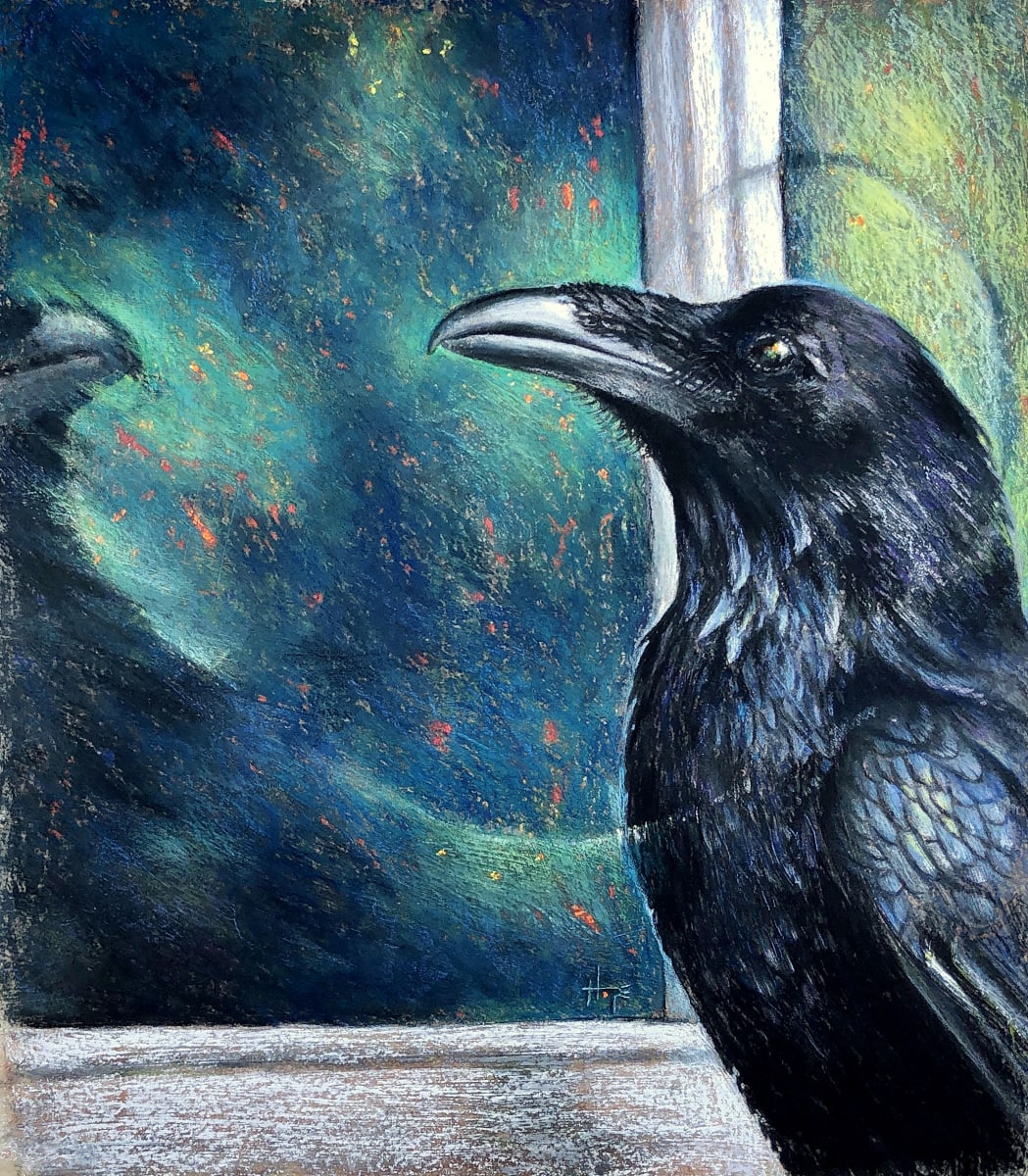 Two. For Mirth.  Image: A raven admiring its reflection in a window