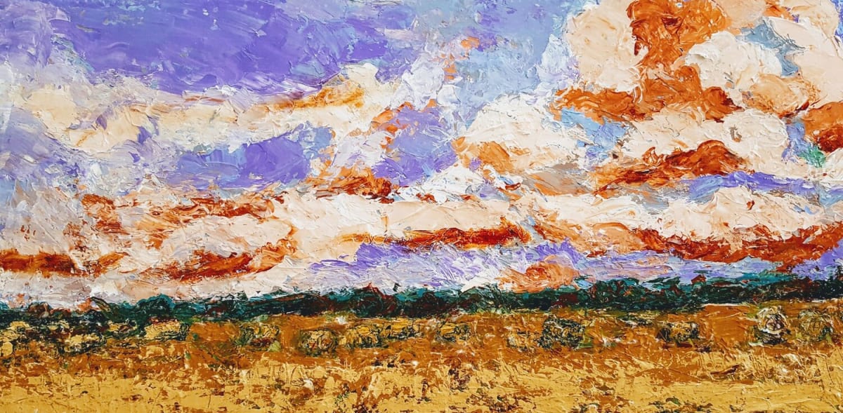 Midsommer Hay  Image: Purple sky, orange clouds over wheat field