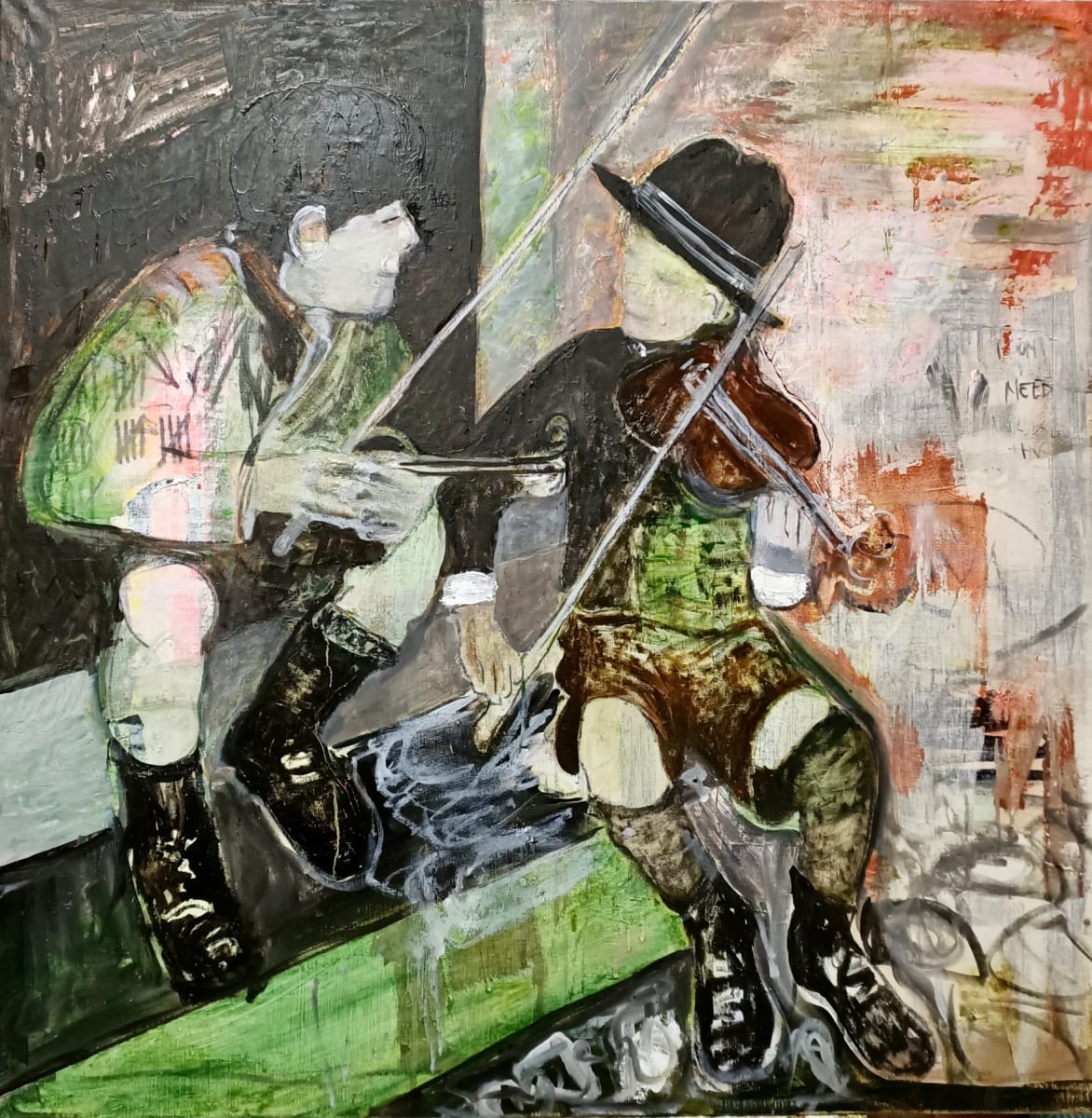 Two Boys With Violins On A Doorstep In Budapest At Some Point In Time by Borg de Nobel 