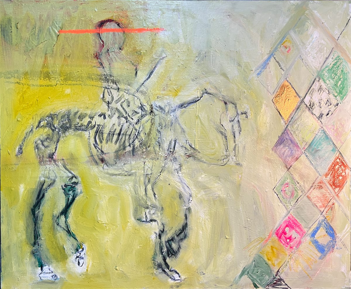 Tall In The Saddle by Borg de Nobel  Image: Oilpaint, charcoal, goldspraypaint & oilstick on canvas