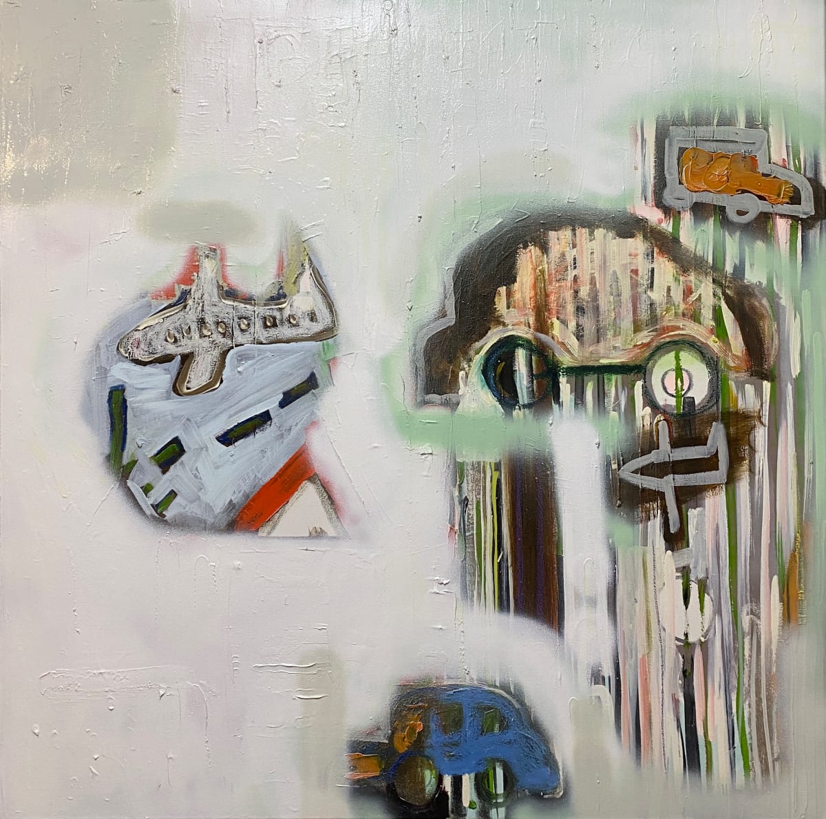 The Lure by Borg de Nobel  Image: oilpaint and spraypaint 
airplanes and cars in a mist of paint