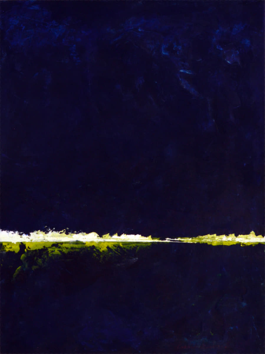 Journey Towards Light by Cara Lawson-Ball  Image: Journey Towards Light abstracted landscape created with oil and cold wax measuring 20"x26"x1.5" framed. Dark black/blue streaked with yellow and white.