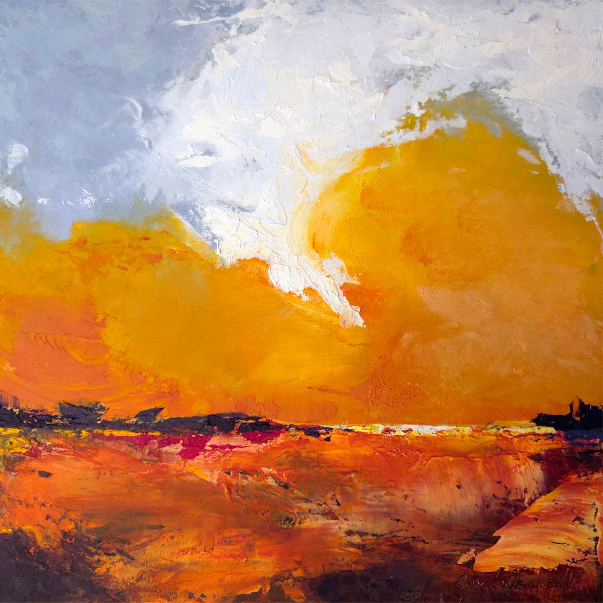 Shadows with Spaces by Cara Lawson-Ball  Image: Shadows with Spaces is a textured abstract landscape that captures the intensity of a fiery distant horizon.
