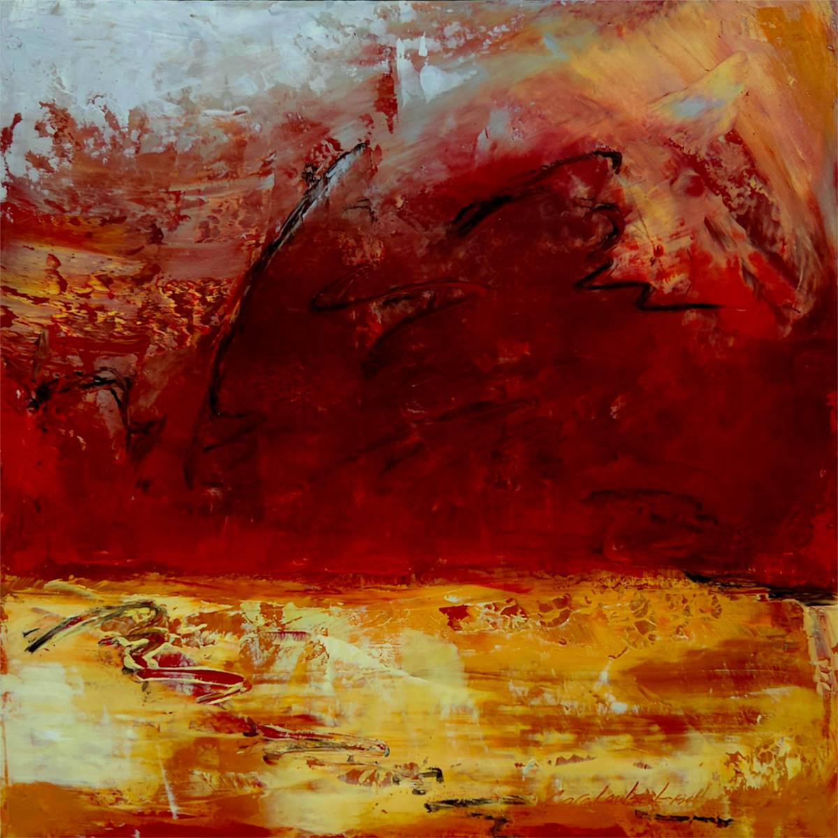 May You Find Beauty by Cara Lawson-Ball  Image: May You Find Beauty is an abstract oil and cold wax painting full of warm, earthy colors. Bold reds blend with golden yellow in horizontal bands highlighting the material qualities of the paint and the power of abstract forms.