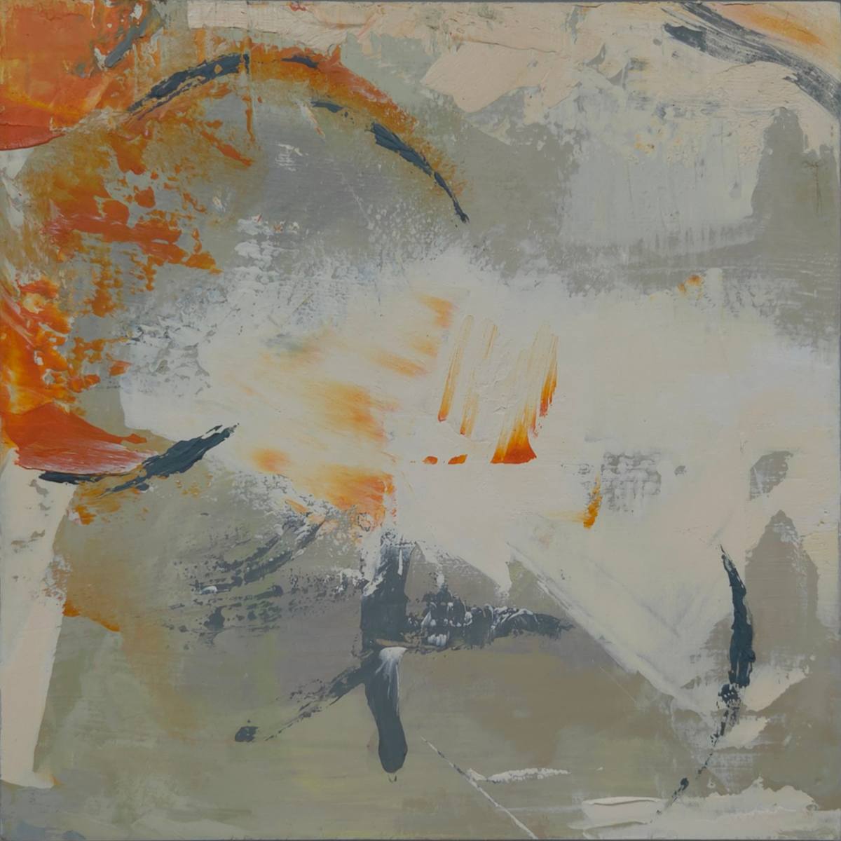Before Alarm Clocks by Cara Lawson-Ball  Image: Before Alarm Clocks captures a quiet moment just before waking. Soft grays, warm greens, and gentle whites create a calm background, while bright orange and deep cobalt green add lively pops of color. 

