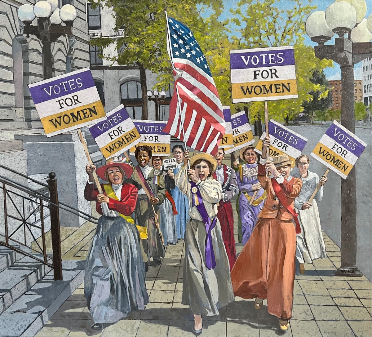 “A Century of Women and the Law” by Nils Johnson  Image: The left panel is a re-enactment of a 1912 suffragists demonstration, staged in front of the 1911 Mahoning County courthouse.  The participants from left to right are Judge Carol A. Robb (7th District Court of Appeals), Judge Carla J. Baldwin (Youngstown Municipal Court), Sharon Roncone Velasquez, Judge Molly K. Johnson (Mahoning County Court - Canfield), Judge Cheryl L. Waite, (7th District Court of Appeals), Darla J. Penza, Prof. Katherine Garlick, Judge Theresa Dellick (Mahoning County Common Pleas - Juvenile Division) and Kathleen G. Johnson.  The Youngstown State University¬ Theater Department provided the period costumes.