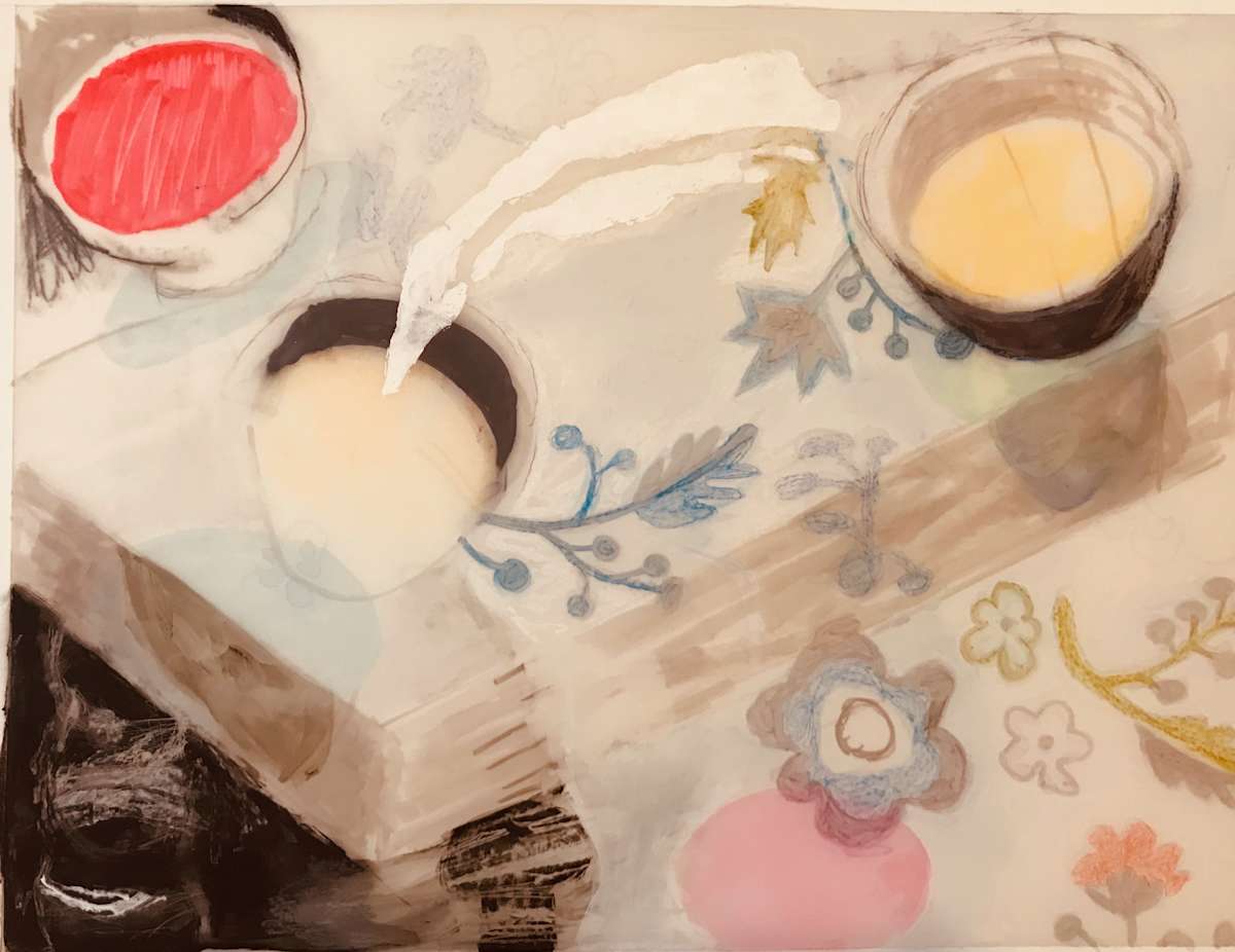 Coffee on Tablecloth, Image 1.
