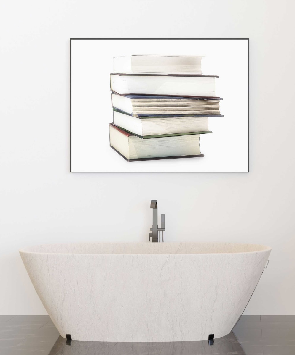 STILL-LIFE PORTRAIT OF ARTFULLY-STACKED BOOKS by judith angerman  Image: STILL LIFE HD PHOTO PRINT OF BOOKS SHOWN IN A BATHROOM