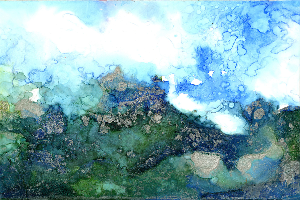 Ocean Waves by Leigh B Williams  Image: With my alcohol inks I sometimes just have to be content with letting the medium decide how it wants to express itself.  What started out as a simple experiment with some silver and white among blues and greens became a cacophony of chaotic crashing waves.  It was a great reminder for me that if I just faithfully engage with my materials and trust the process, great results often emerge.