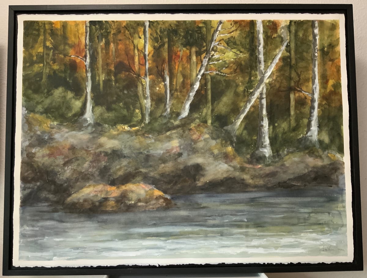 BIRCHES ON THE RIVER BANK  Image: Watercolor and gouache on #140 Arches deckled edge in float frame; archival finish of natural beeswax and carnauba wax