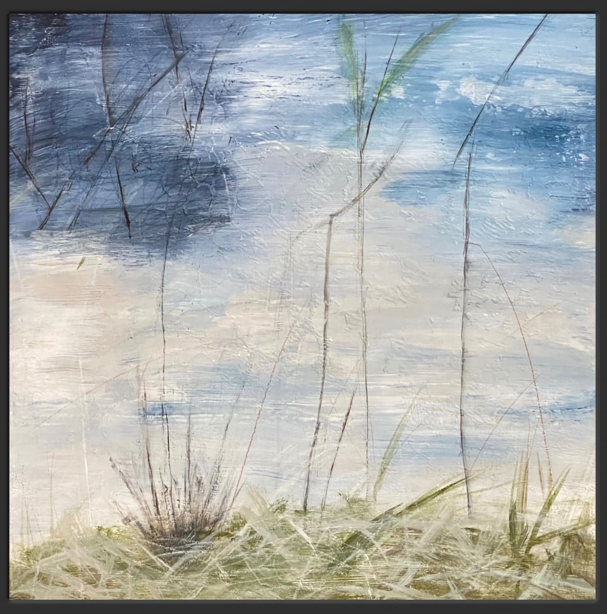 3-Caught up in grasses 3, From the Chestatee River portfolio, 2021, Acrylic on canvas, 12 x 12 inches. Framed by Juanita 