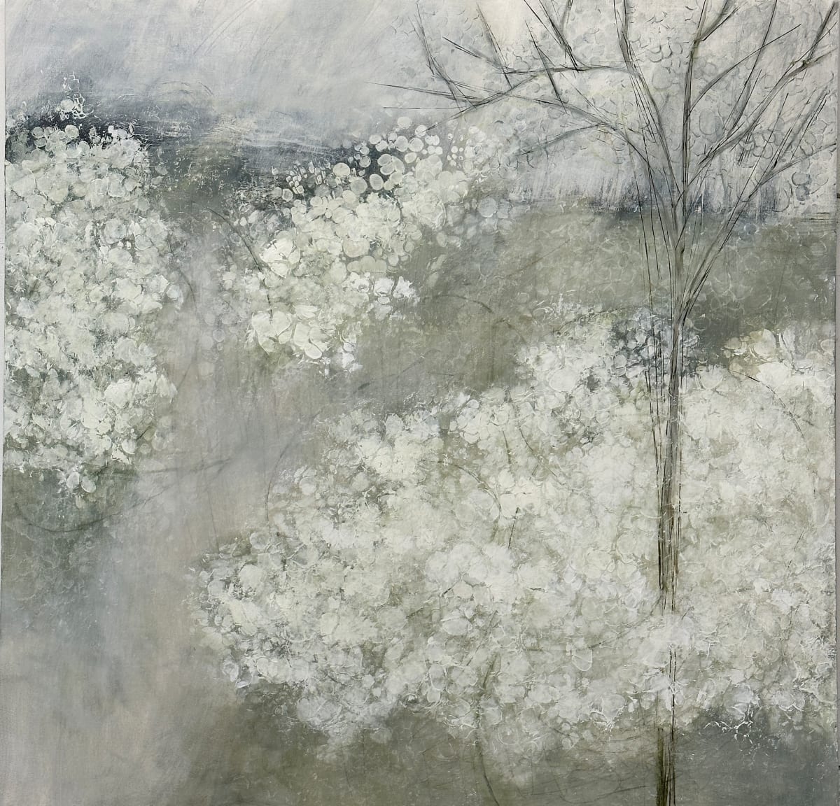 Neutral green, gray, white, uplifting, Sweet Walk on a Gray Day, 2023, by Juanita 
