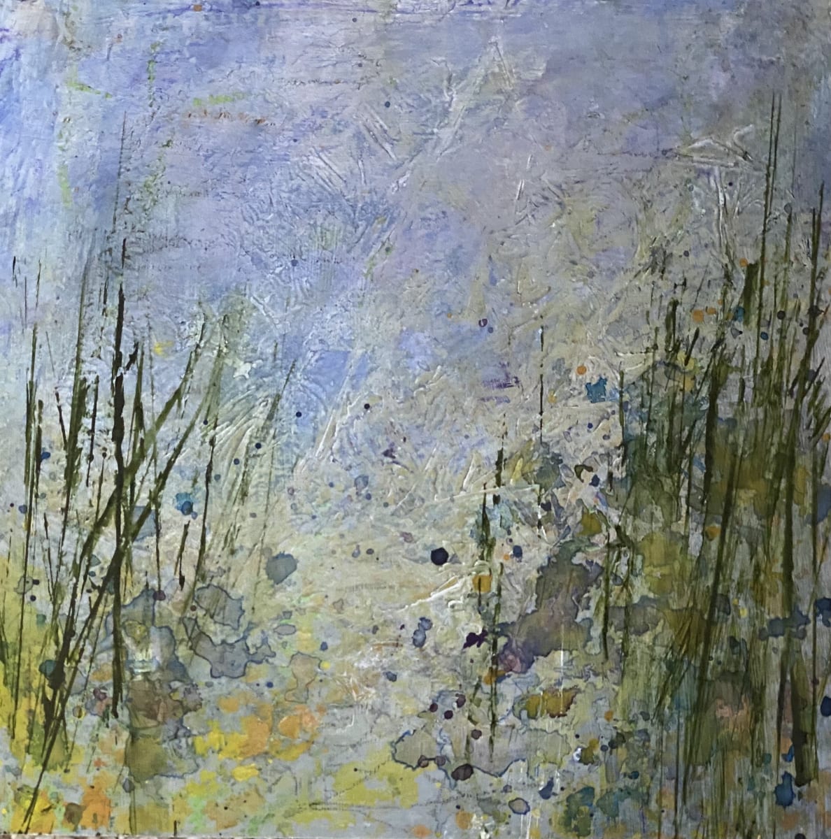 Juanita Bellavance, Pebbles and reeds and water, oh my!, From the 25 Days of Minis portfolio, 2021, Acrylic on panel, 6 x 6 inches, Framed by Juanita  Image: Pebbles and reeds and water, oh my!