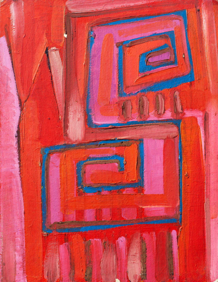 Espirales azules con fondo rojo by Stivaletta, Mabel Rosario 