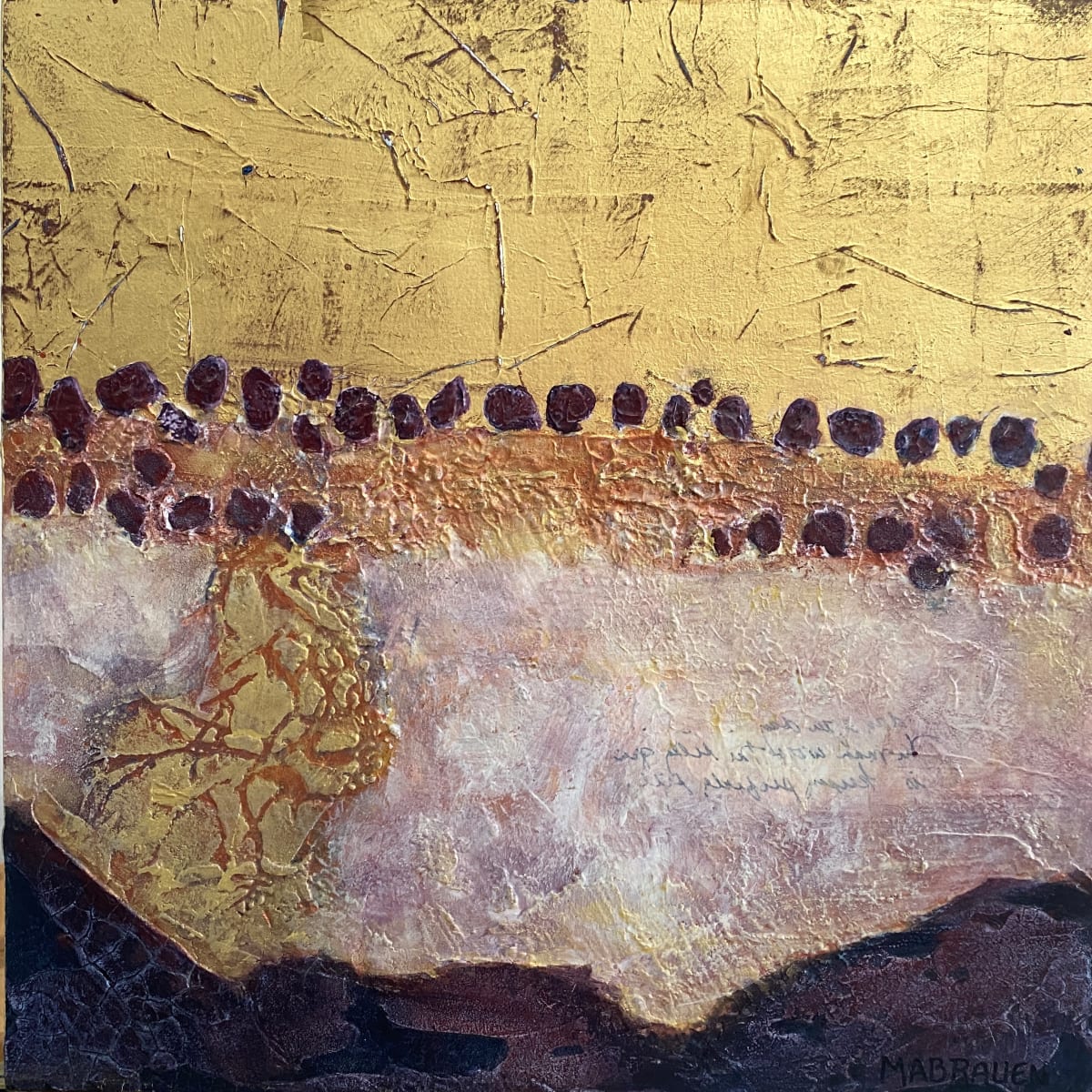 Mystic Nobility by Melissa Brauen  Image: Mixed Media and collage with gold metal leaf,  on panel, sides gold with grain 
