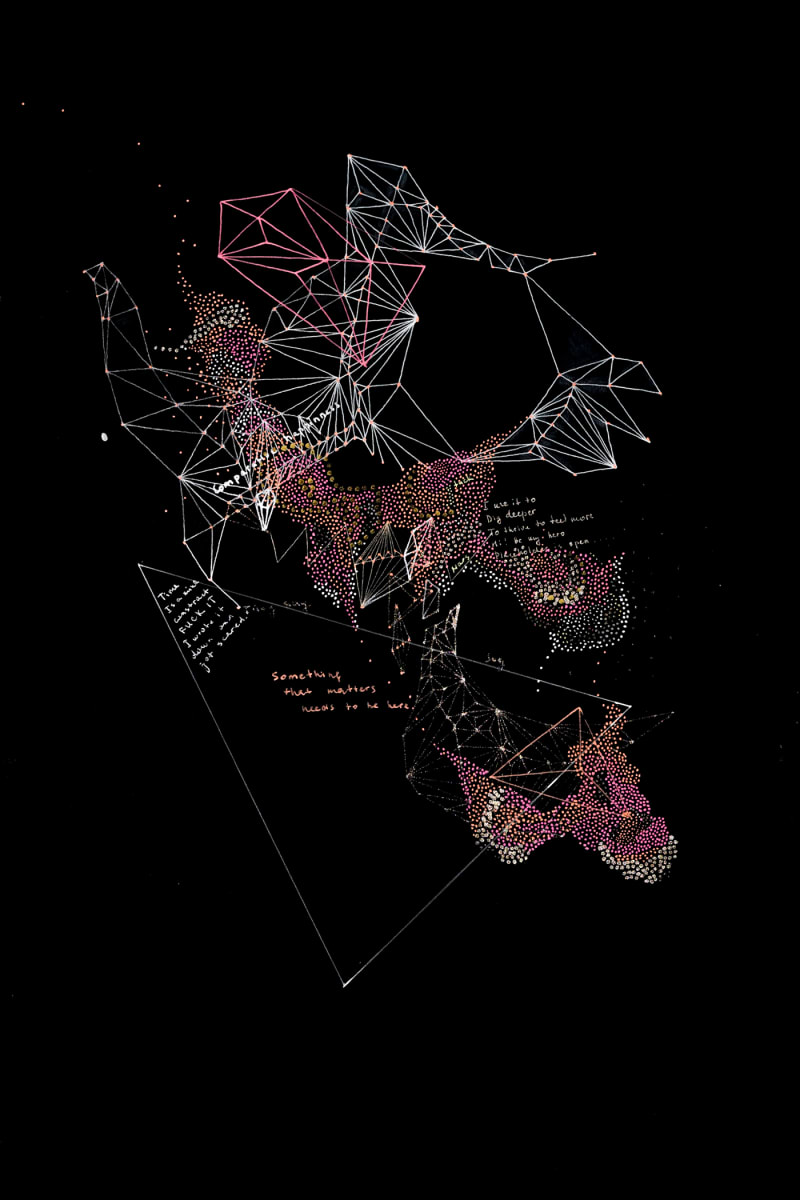 Threshold Script (OVF-003) / 18x12 by Maria Lankina  Image: A storm of pink and gold dot clusters collides with angular white vectors and fragments of handwritten text, turning the page into a field of decision points.