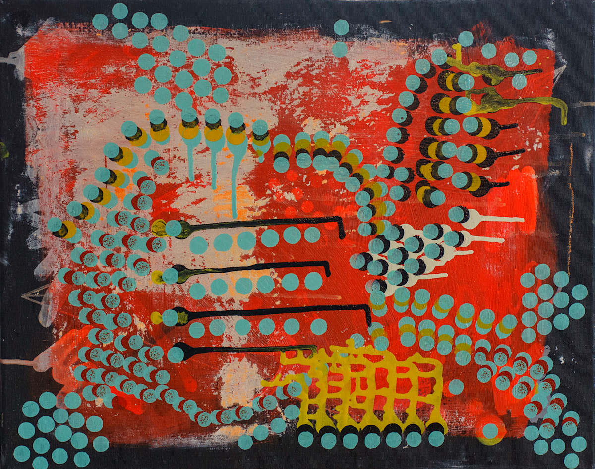 Soft System Pulse by Maria Lankina  Image: Acrylic and neon marker on black primed cotton duck canvas, 2023. UV-reactive
