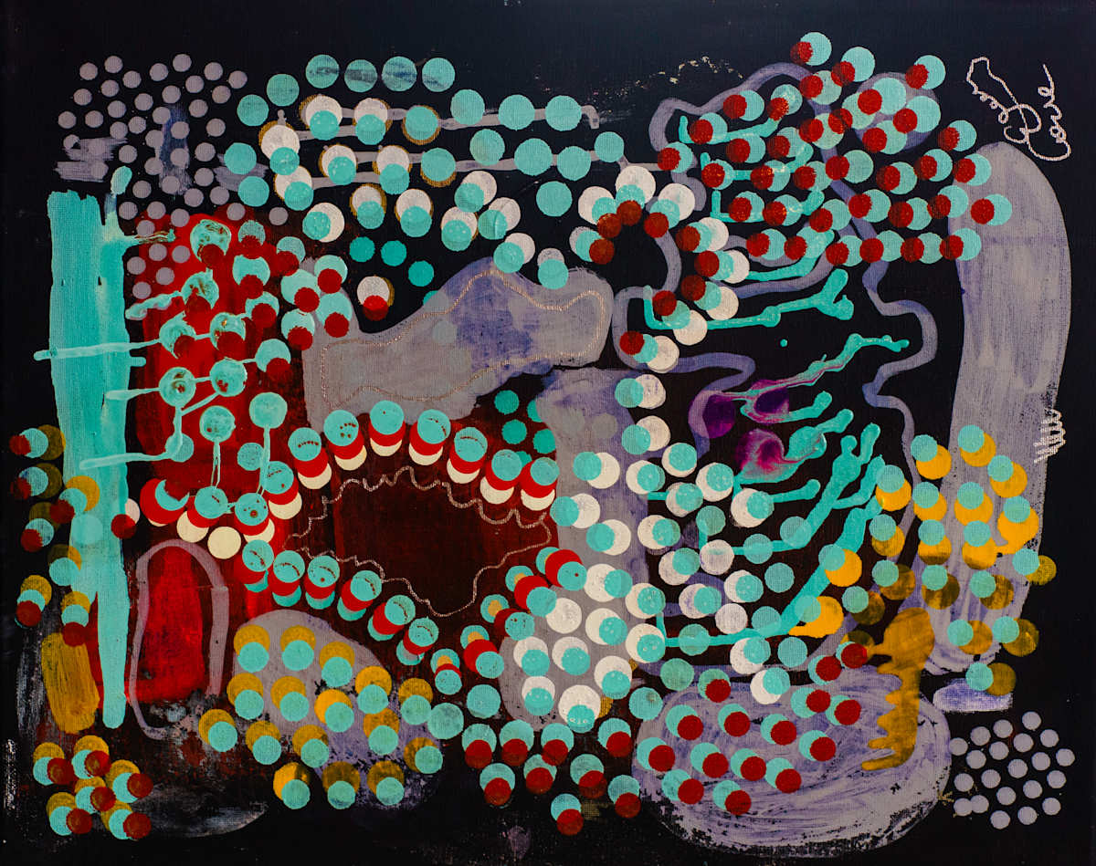 Soft System Drift by Maria Lankina  Image: Acrylic and neon pigment on black cotton duck canvas, 2023. UV-reactive patterning.
