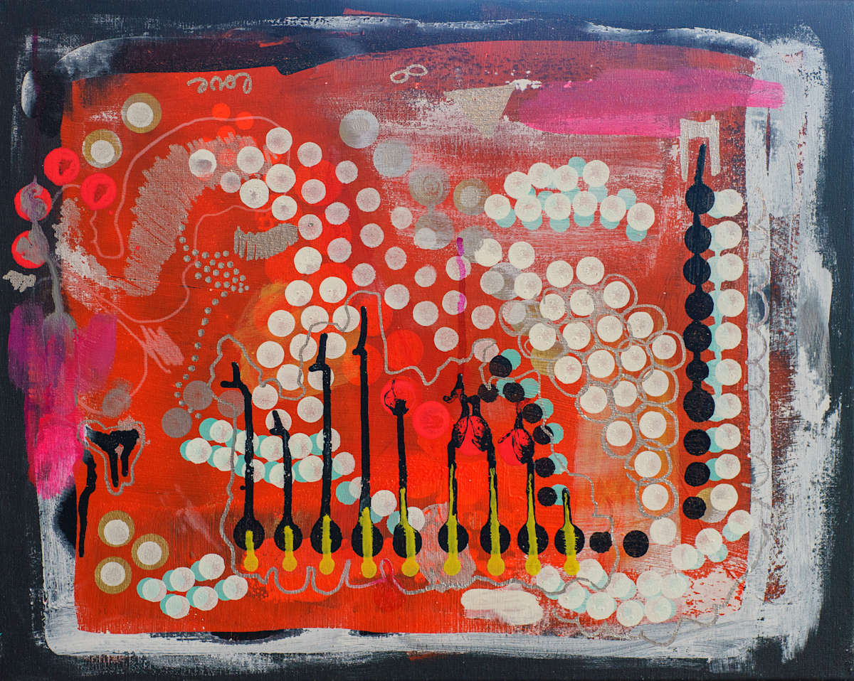 Soft Systems: Infinity Loop by Maria Lankina  Image: Acrylic and neon pigment on black canvas, 2023. UV-reactive elements. “Love” and infinity symbol embedded.