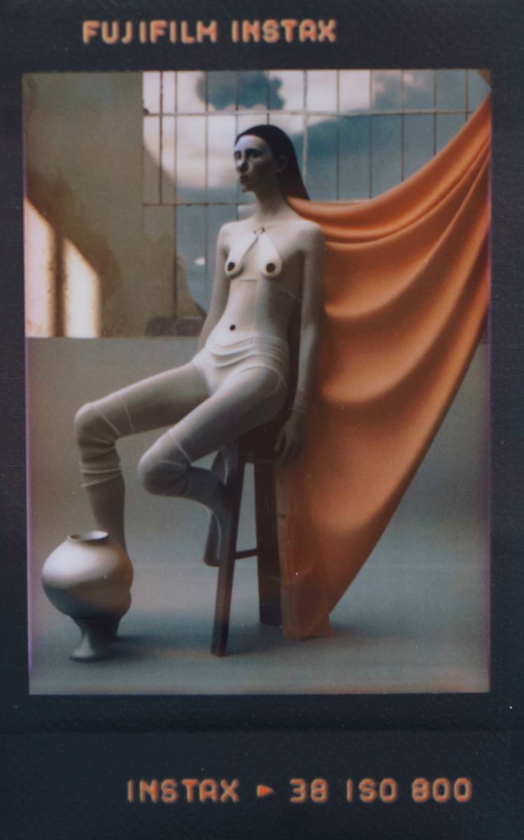 Curtain Test / Gravity Study by Maria Lankina  Image: A standing figure half swallowed by a heavy drape and narrow wall, held inside a small card where the room behaves like a testing rig.