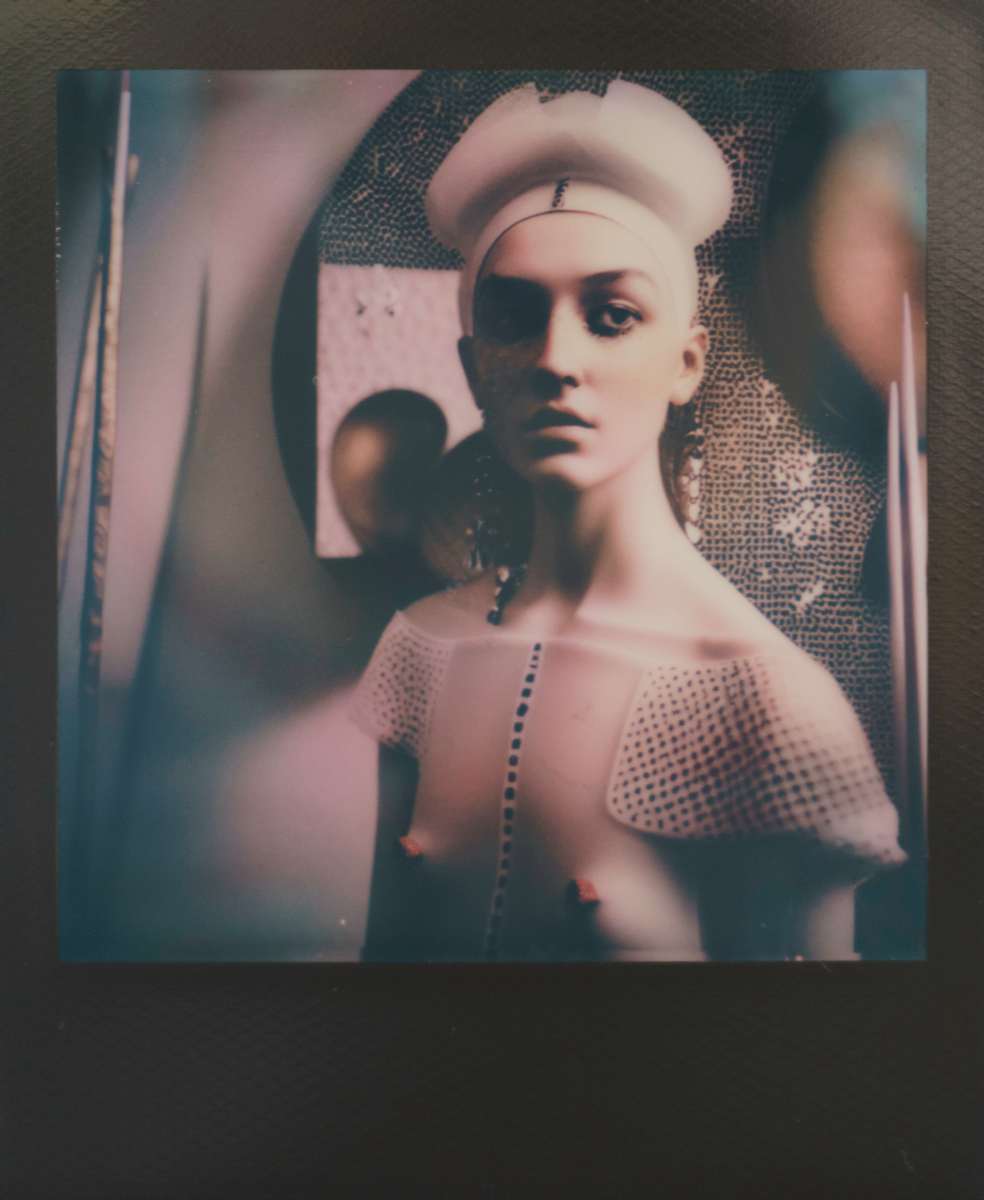 Oracle’s Gaze / Vestal Interface by Maria Lankina  Image: A frontal portrait of a calm, armored oracle, her gaze cutting through a soft pastel field as if screening the viewer for access.