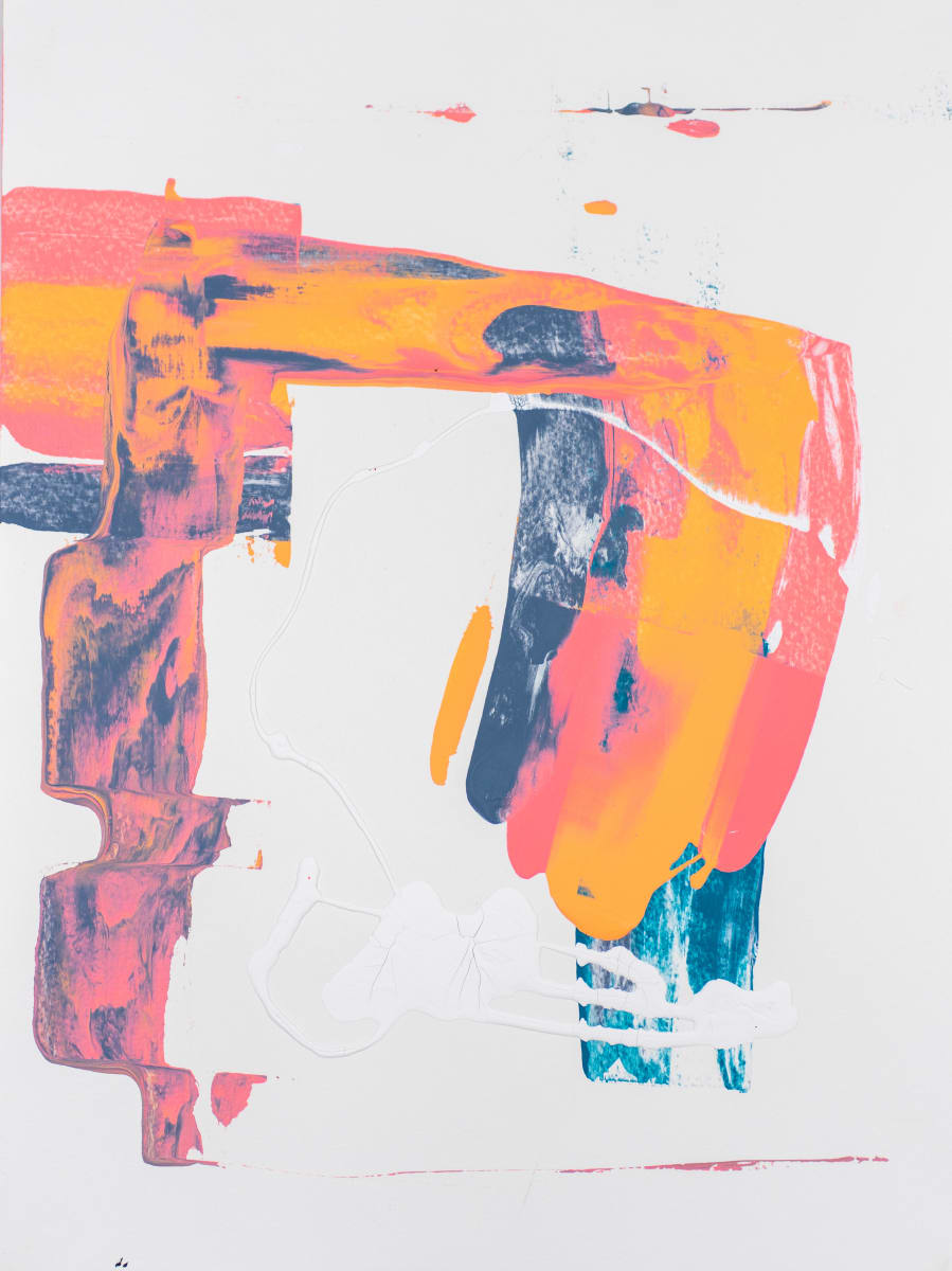 Coral Loop / Open Frame Study by Maria Lankina  Image: A coral and orange frame curves around a navy core on a mostly white field, leaving parts of the structure open.