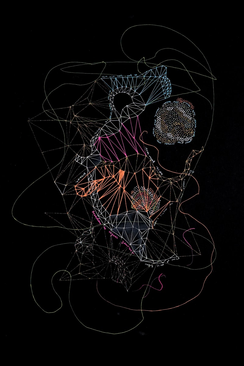 Orbiting Trace (OVF-004) / 18x12 by Maria Lankina  Image: An airy network of vectors and looping lines drifts inside the page like a fragment of an orbiting system.