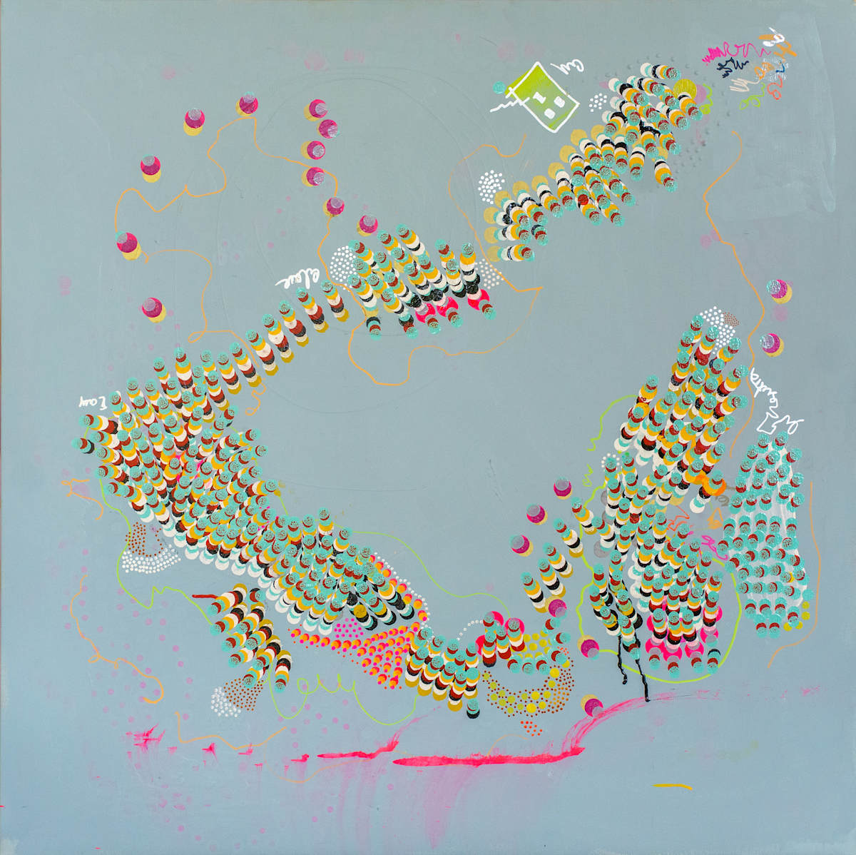 Drift Array (Custom Blue Field) by Maria Lankina  Image: This painting explores repetition, dot systems, and fluorescent layering across a custom chalk-blue field. It sits at the beginning of an emerging blue-field series where hand-placed dots behave like data, constellations, or crowd movement. Acrylic and marker on stretched canvas. Ready to hang.