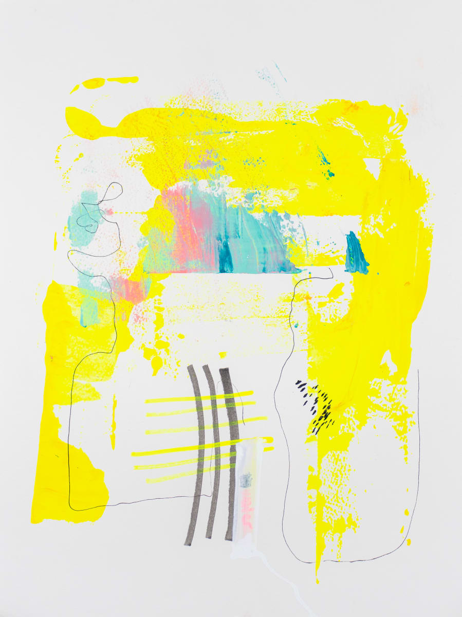 Yellow Rush / Interval Field II by Maria Lankina  Image: A near neon yellow block floods the sheet, crossed by a few gray and teal notations that feel like recording marks.