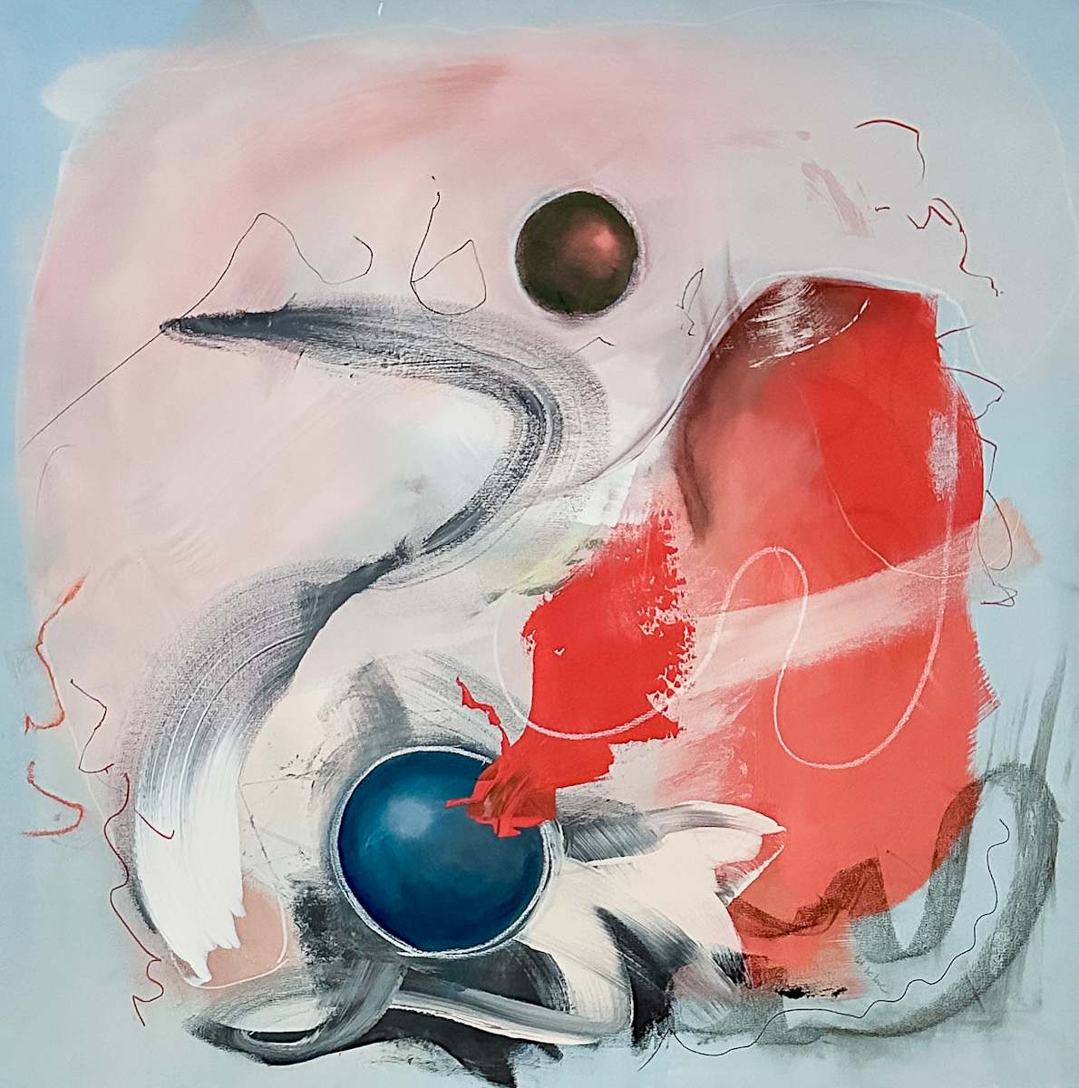 Eros Gradient by Maria Lankina  Image: Acrylic on canvas, 2022. Red-orange core flanked by cool orbs and sweeping motion.